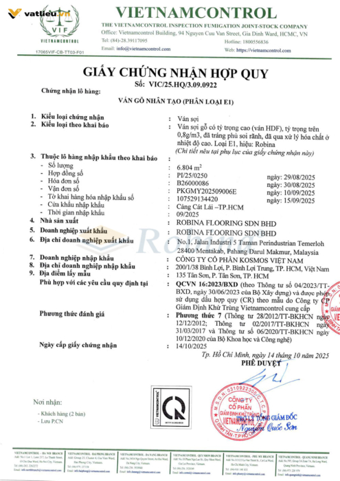 Giấy chứng nhận hợp quy sàn gỗ Malaysia Robina